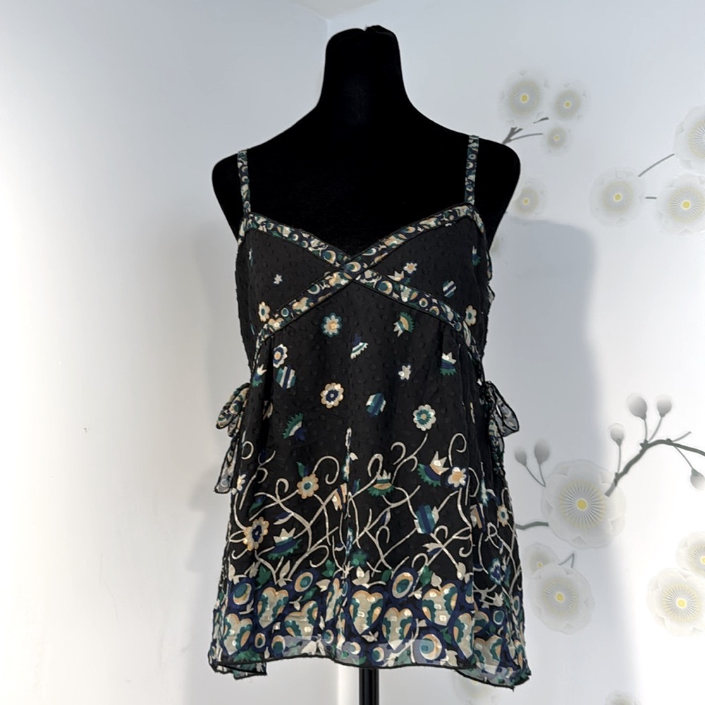 ANNA SUI Black Label Vintage Y2K Silk Tank Top Floral Hearts Print Size 4